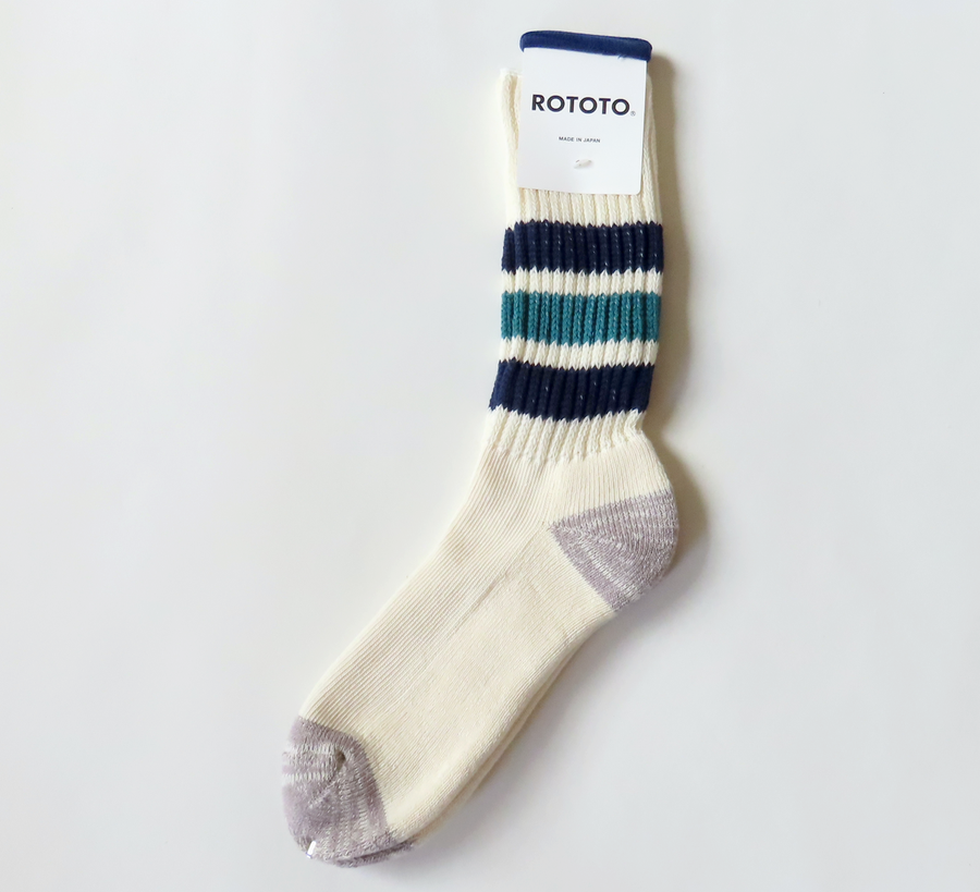 rototo, double face socks, found bath, found bath uk stockist, marl, cotton, wool, ro to to, Japanese socks, made in japan, towelling, rototo uk stockist, old school stripe, navy blue green stripe