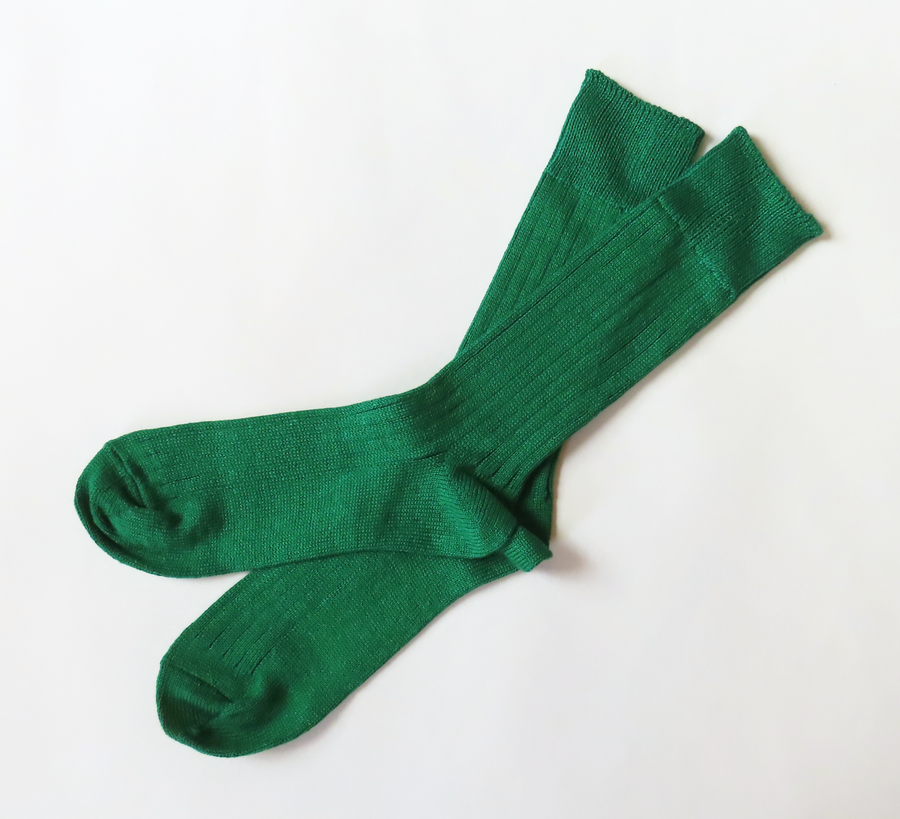 Rototo / Green Linen Cotton Ribbed Crew Socks
