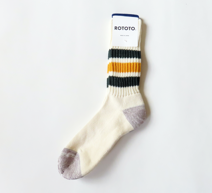 rototo, double face socks, found bath, found bath uk stockist, blue, marl, cotton, wool, ro to to, Japanese socks, made in japan, towelling, rototo uk stockist, Dark Green & Yellow Old School Sports