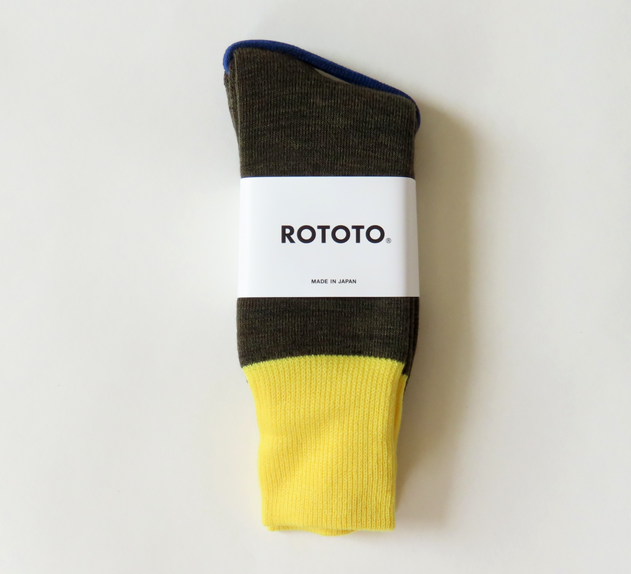 rototo, double face socks, found bath, found bath uk stockist, blue, marl, cotton, wool, ro to to, Japanese socks, made in japan, towelling, rototo uk stockist, yellow & olive Hybrid Boot Crew Socks