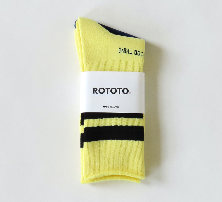 rototo, double face socks, found bath, found bath uk stockist, yellow, marl, cotton, wool, ro to to, Japanese socks, made in japan, towelling, rototo uk stockist, yellow and black stripe crew socks