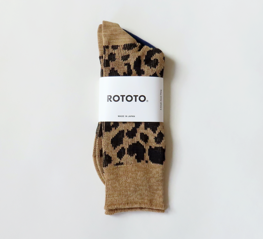 rototo, double face socks, found bath, found bath uk stockist, blue, marl, cotton, wool, ro to to, Japanese socks, made in japan, towelling, rototo uk stockist, Beige Leopard Socks