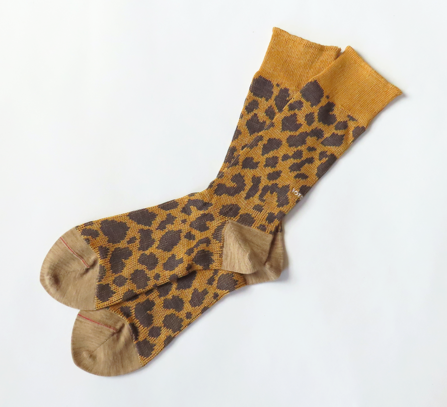 rototo, double face socks, found bath, found bath uk stockist, blue, marl, cotton, wool, ro to to, Japanese socks, made in japan, towelling, rototo uk stockist, yellow Beige Leopard Socks