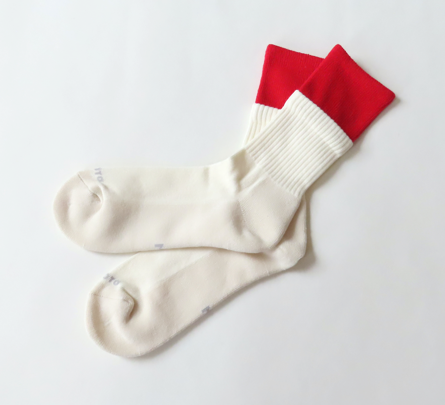 rototo, double face socks, found bath, found bath uk stockist, blue, marl, cotton, wool, ro to to, Japanese socks, made in japan, towelling, rototo uk stockist, red & Off-White Organic Cotton Double Layer Socks